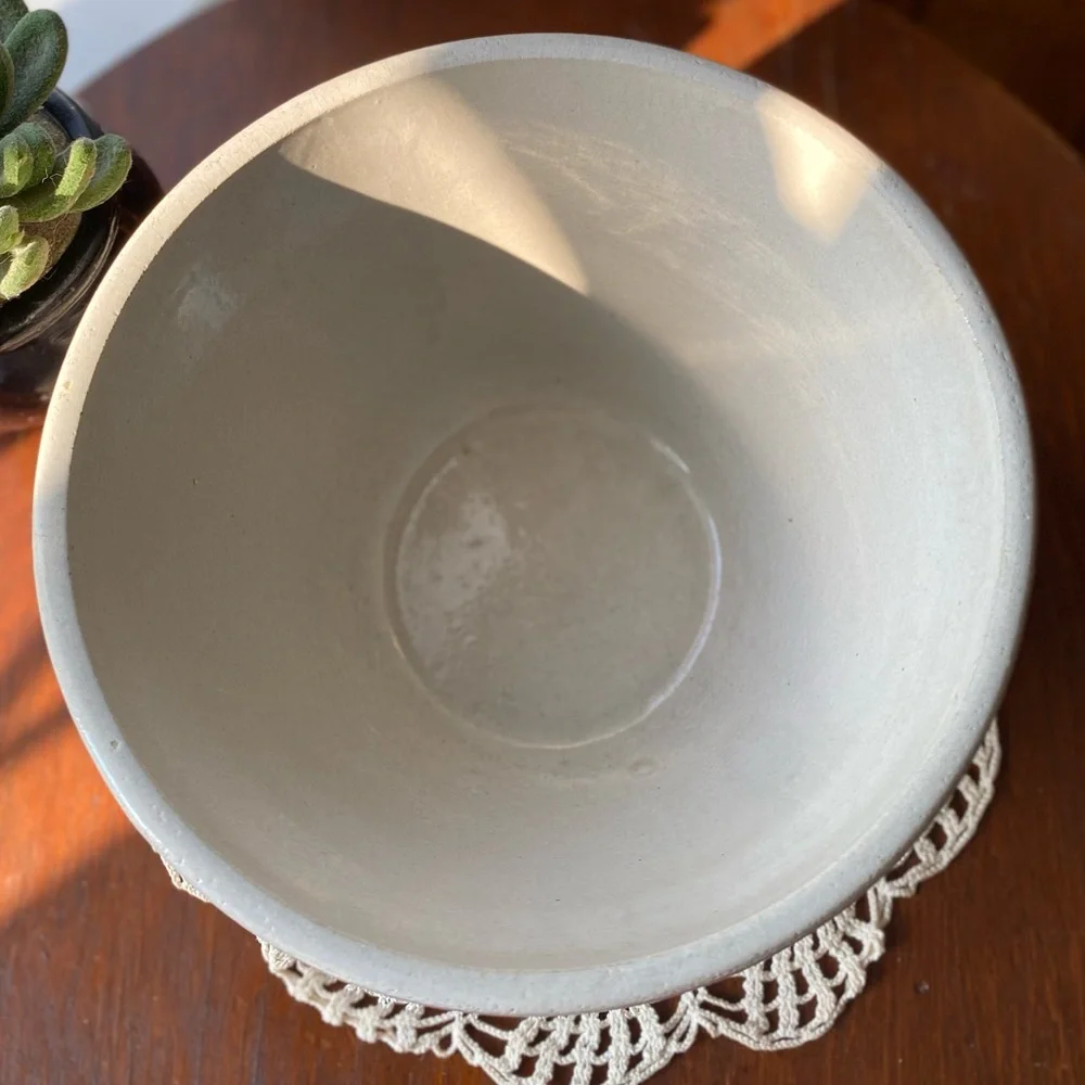 Vintage RRP Roseville Ohio Beige Blue Band 8”x5.5” Stoneware Mixing Bowl